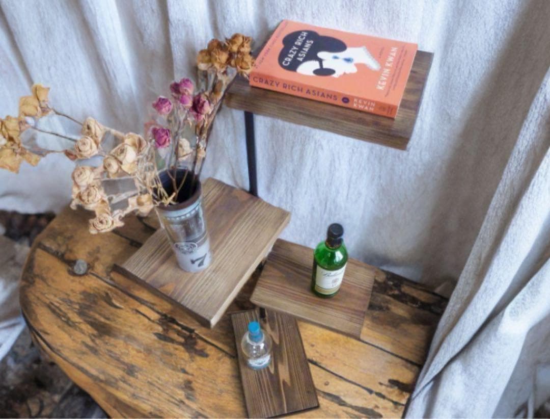 木製シェルフ　３６０度回転ラック　３段　アイアン家具　カフェ風　漢前　植物棚