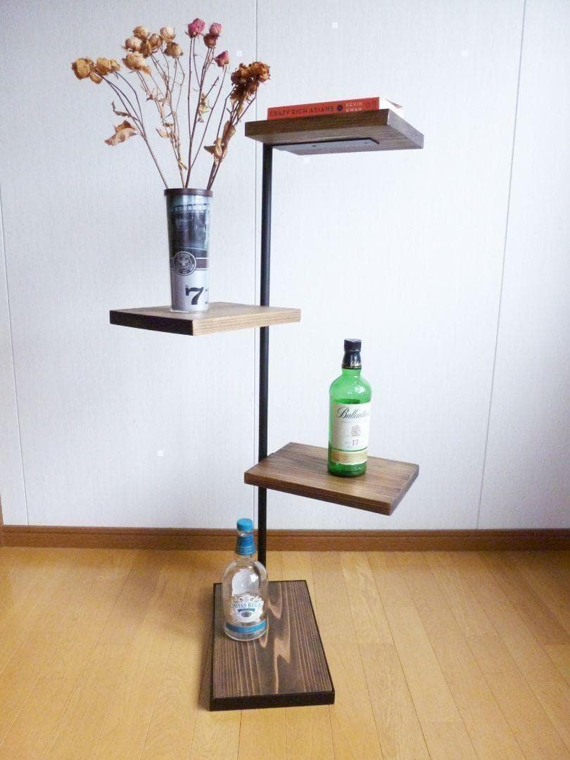 木製シェルフ　３６０度回転ラック　３段　アイアン家具　カフェ風　漢前　植物棚