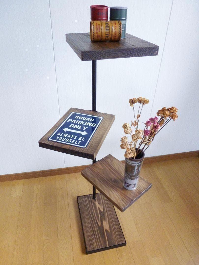 木製シェルフ　３６０度回転ラック　３段　アイアン家具　カフェ風　漢前　植物棚