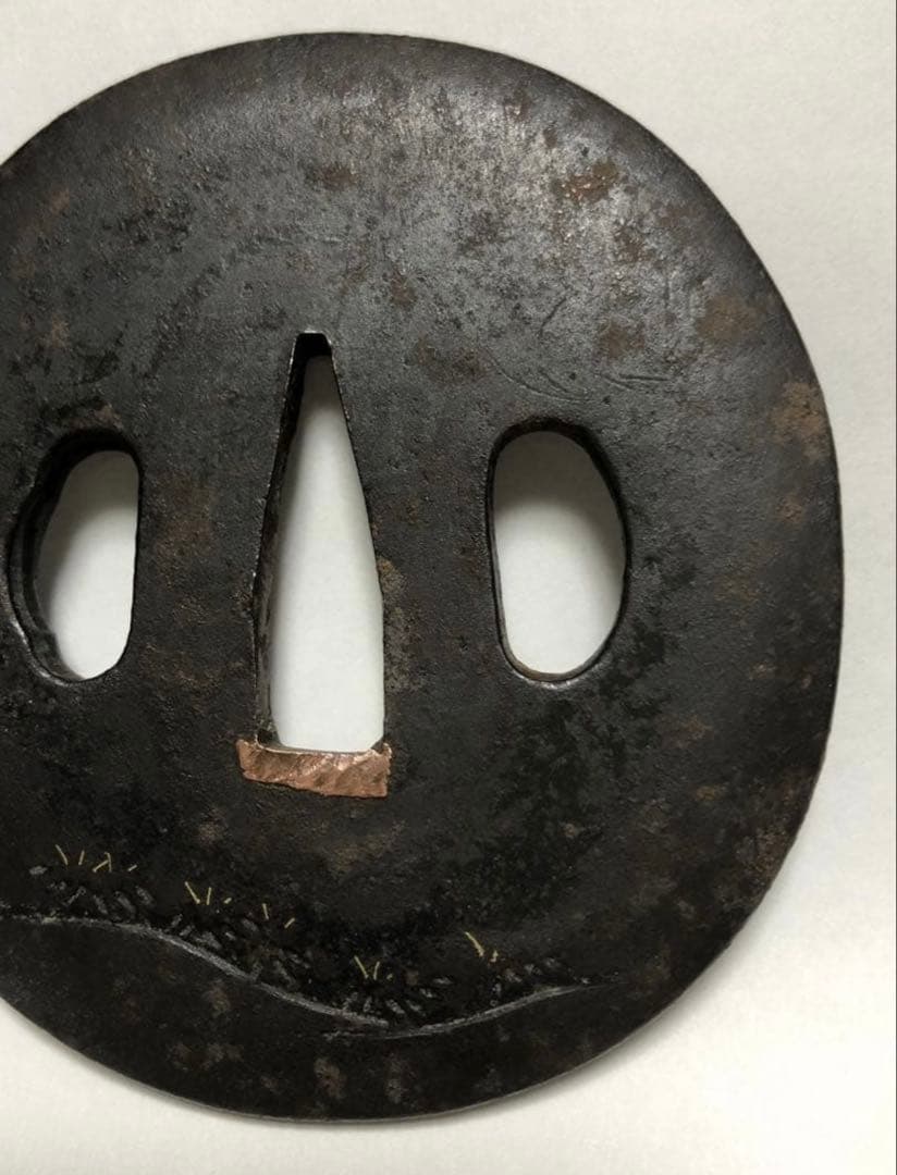 鍔 鉄地 象嵌 鐔　鉄地つば 翁図 刀装具 古美術 時代物 X26B