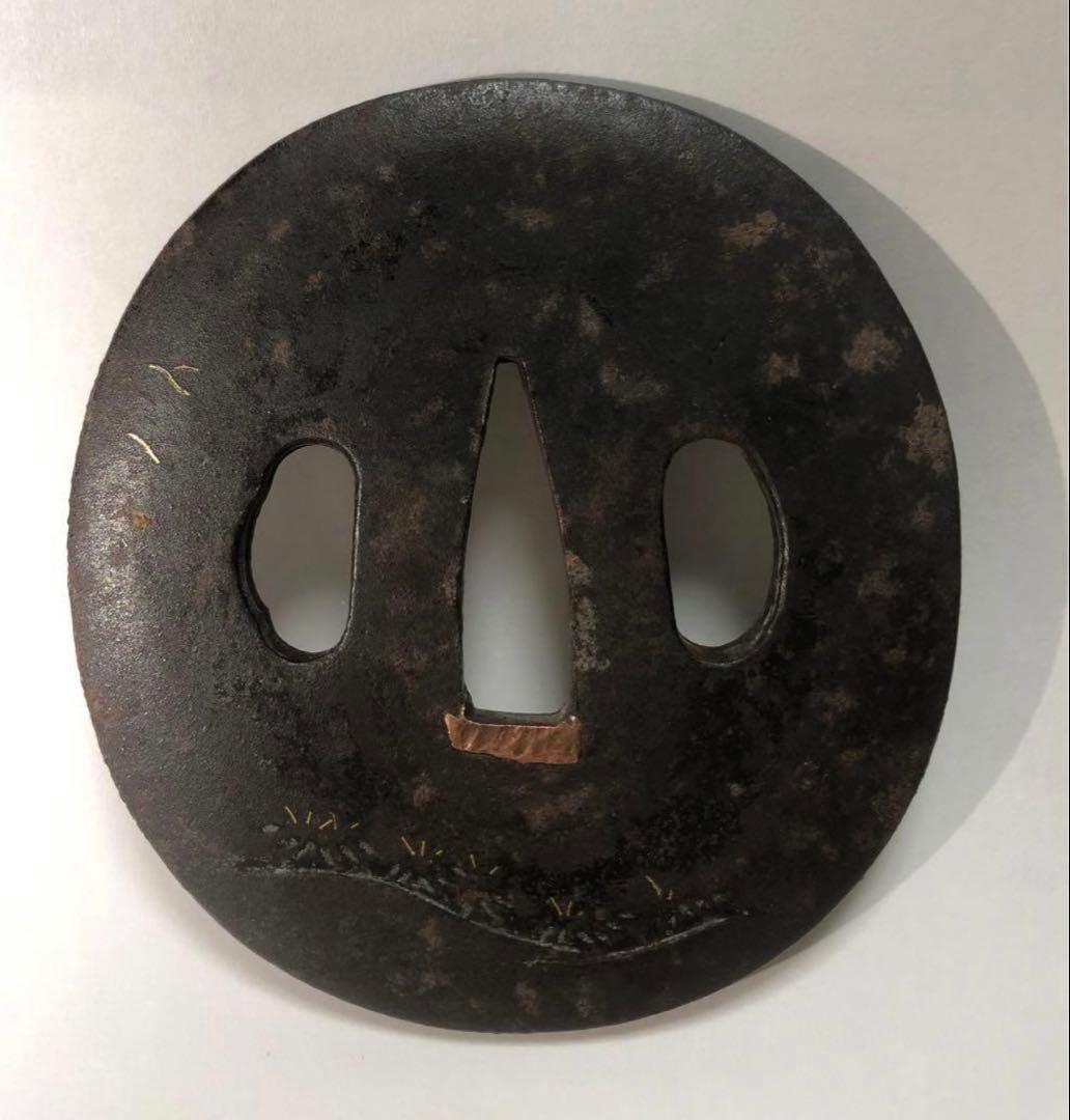 鍔 鉄地 象嵌 鐔　鉄地つば 翁図 刀装具 古美術 時代物 X26B