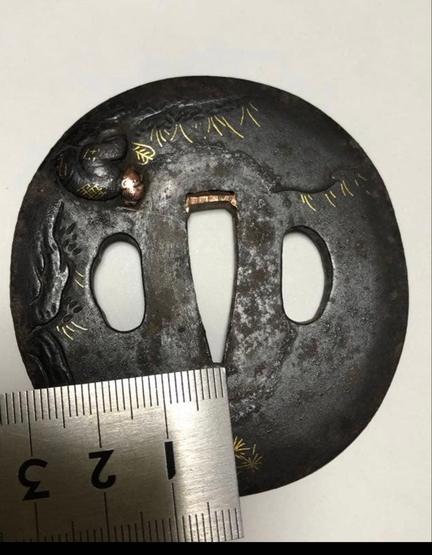 鍔 鉄地 象嵌 鐔　鉄地つば 翁図 刀装具 古美術 時代物 X26B