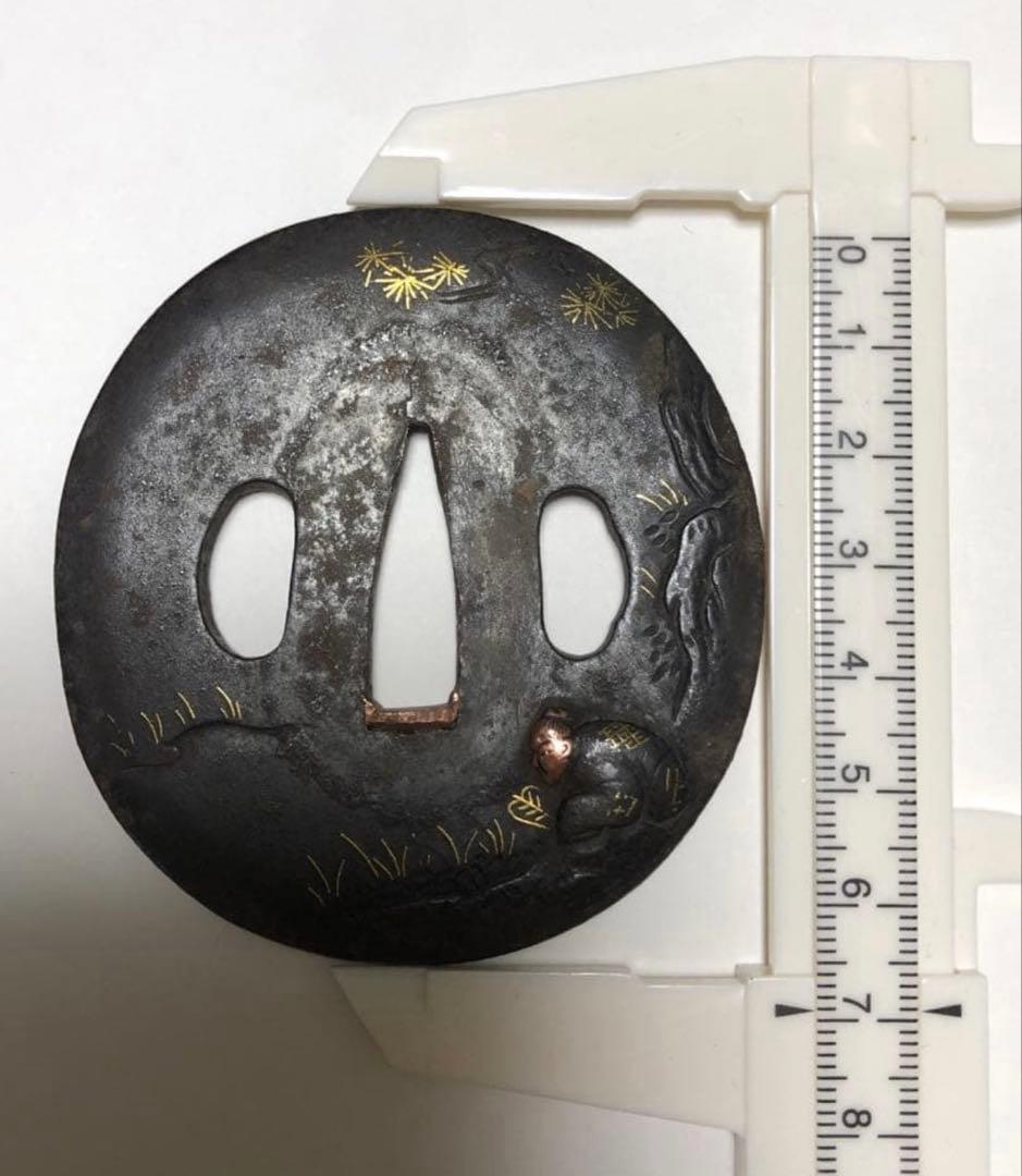 鍔 鉄地 象嵌 鐔　鉄地つば 翁図 刀装具 古美術 時代物 X26B