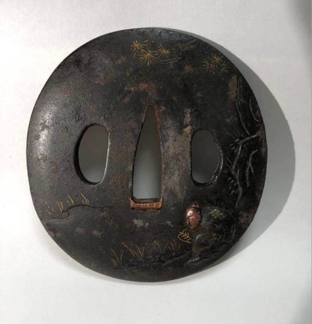 鍔 鉄地 象嵌 鐔　鉄地つば 翁図 刀装具 古美術 時代物 X26B