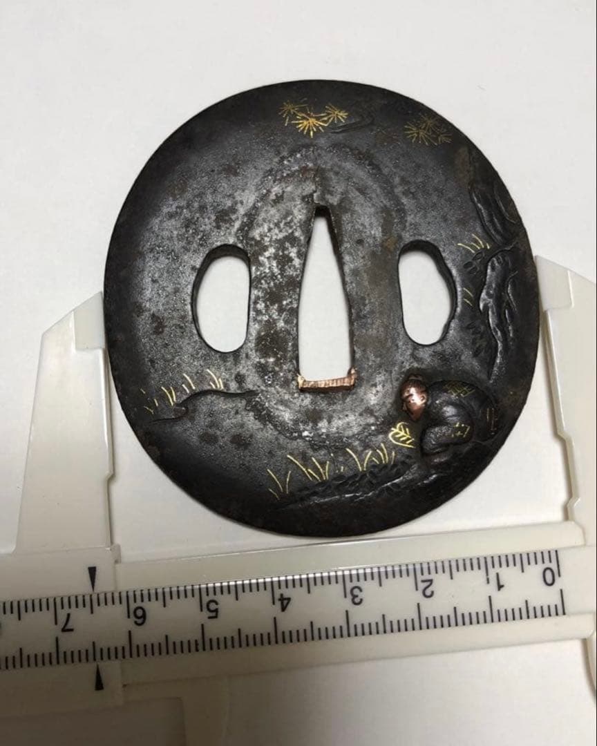 鍔 鉄地 象嵌 鐔　鉄地つば 翁図 刀装具 古美術 時代物 X26B