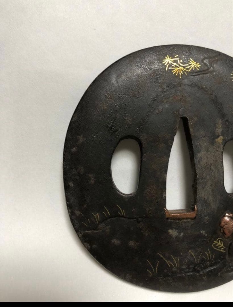 鍔 鉄地 象嵌 鐔　鉄地つば 翁図 刀装具 古美術 時代物 X26B