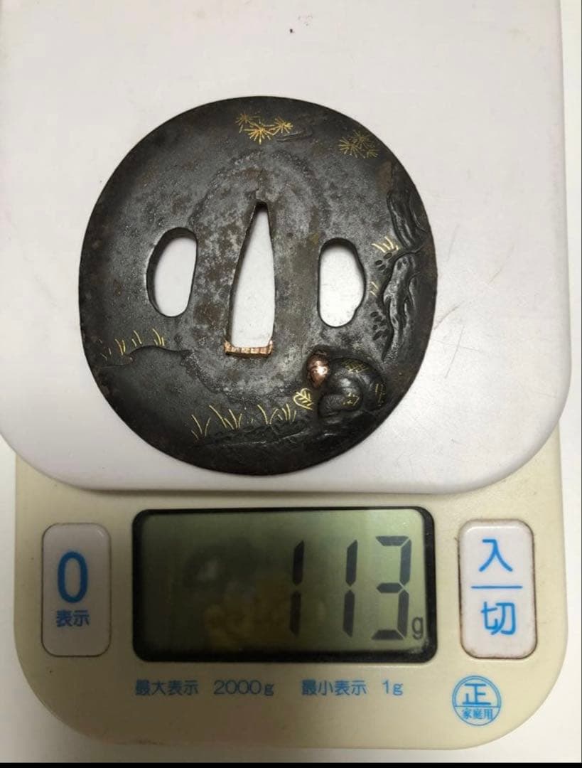 鍔 鉄地 象嵌 鐔　鉄地つば 翁図 刀装具 古美術 時代物 X26B