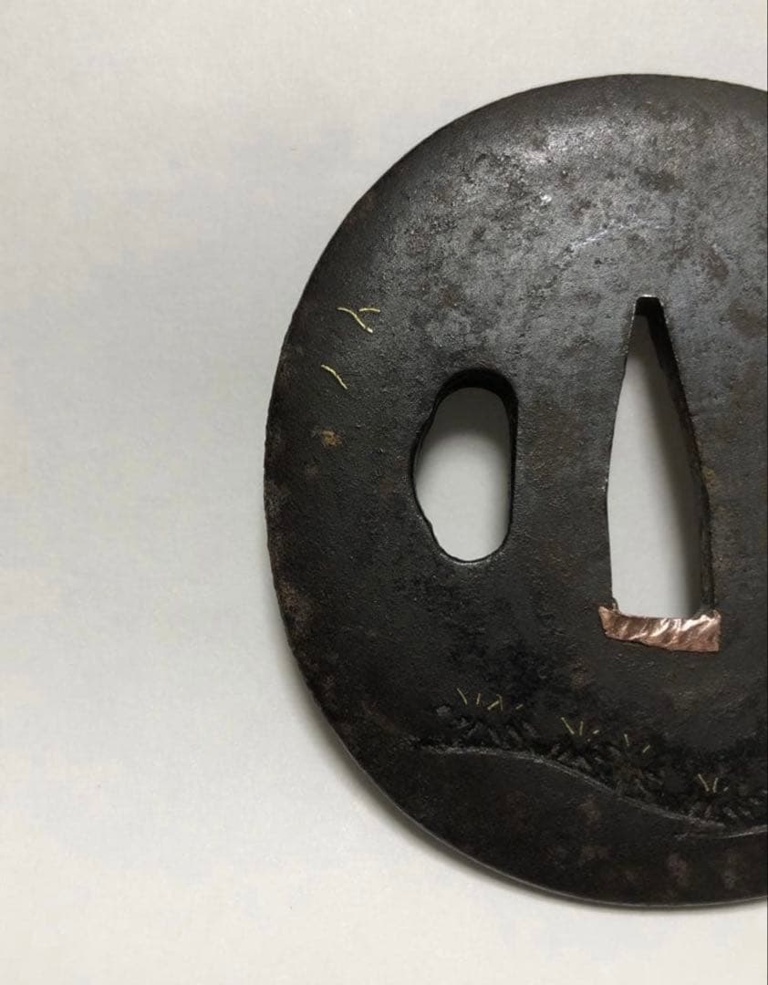 鍔 鉄地 象嵌 鐔　鉄地つば 翁図 刀装具 古美術 時代物 X26B