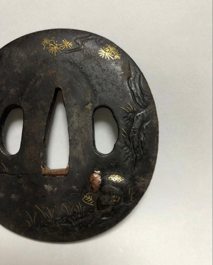 鍔 鉄地 象嵌 鐔　鉄地つば 翁図 刀装具 古美術 時代物 X26B