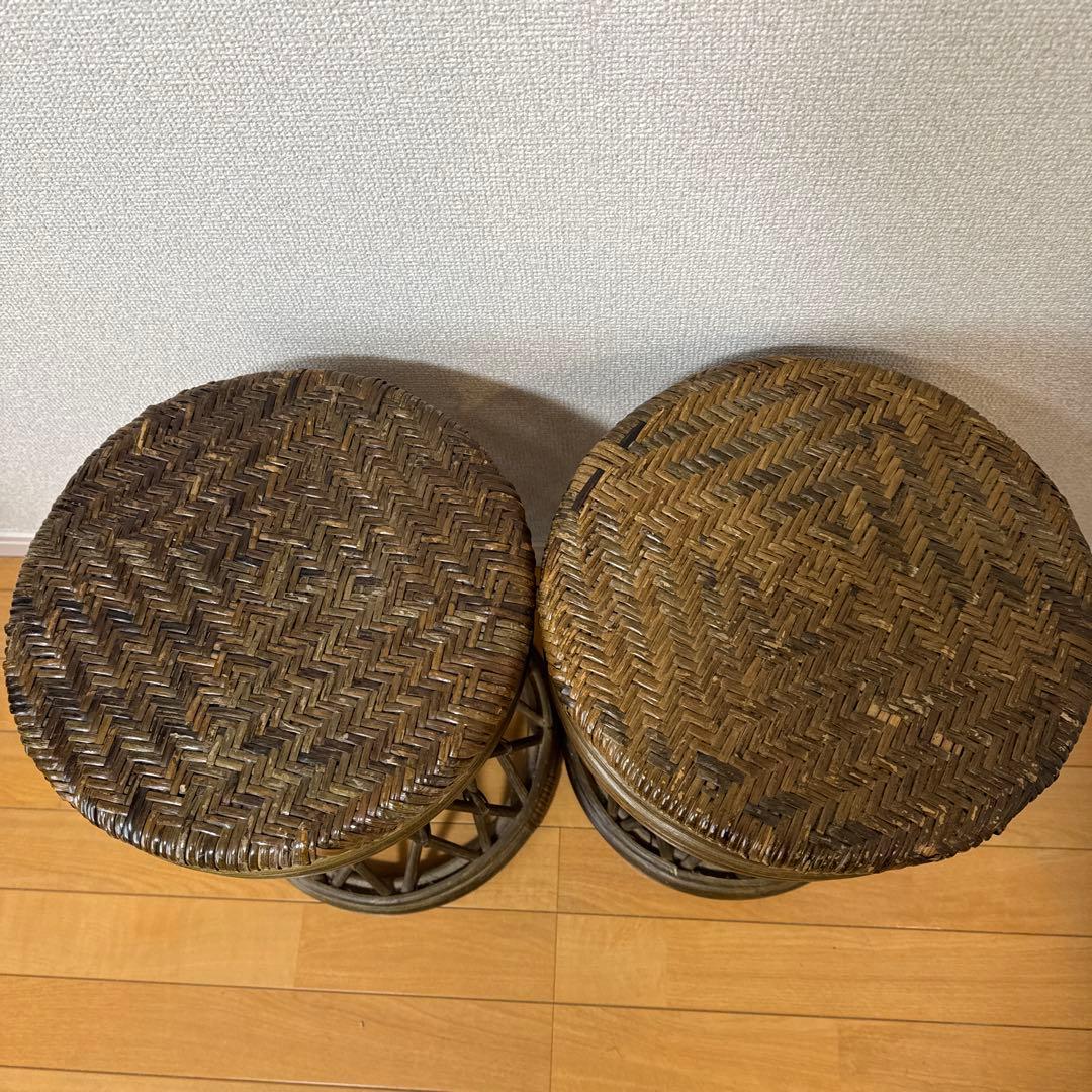昭和レトロ　藤製　ラタン　木製回転式スツール　椅子　二脚