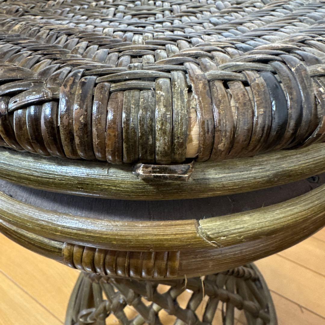 昭和レトロ　藤製　ラタン　木製回転式スツール　椅子　二脚