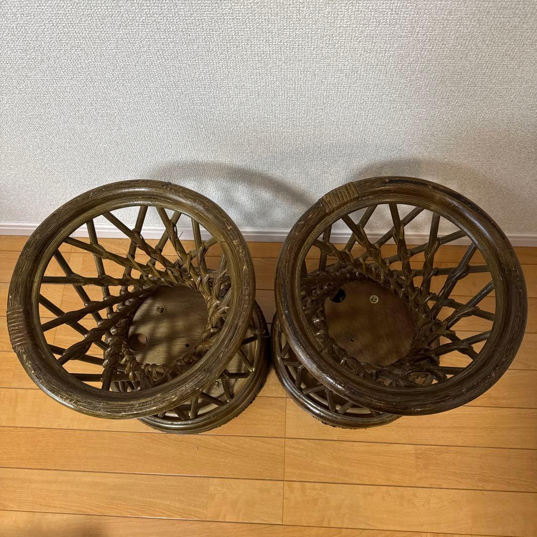 昭和レトロ　藤製　ラタン　木製回転式スツール　椅子　二脚