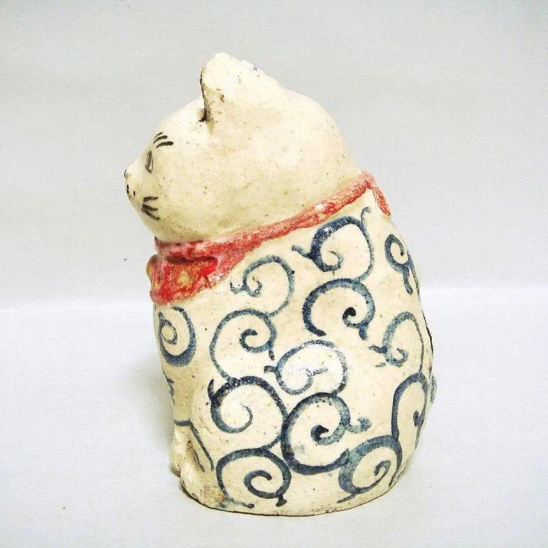 923『青い唐草文 招き猫』陶器 /骨董品 古美術 アンティーク 古玩