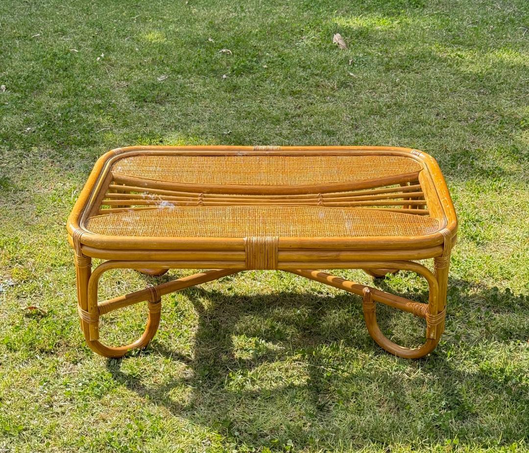 ビンテージ　オールドラタン　ガラステーブル　見応えのある細かな編み込み！