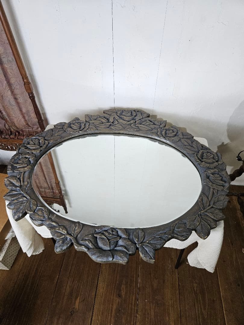 アンティーク 木彫り 薔薇のウォールミラー 壁掛け鏡 大型 花柄 オーバル型