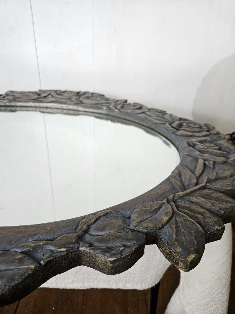 アンティーク 木彫り 薔薇のウォールミラー 壁掛け鏡 大型 花柄 オーバル型