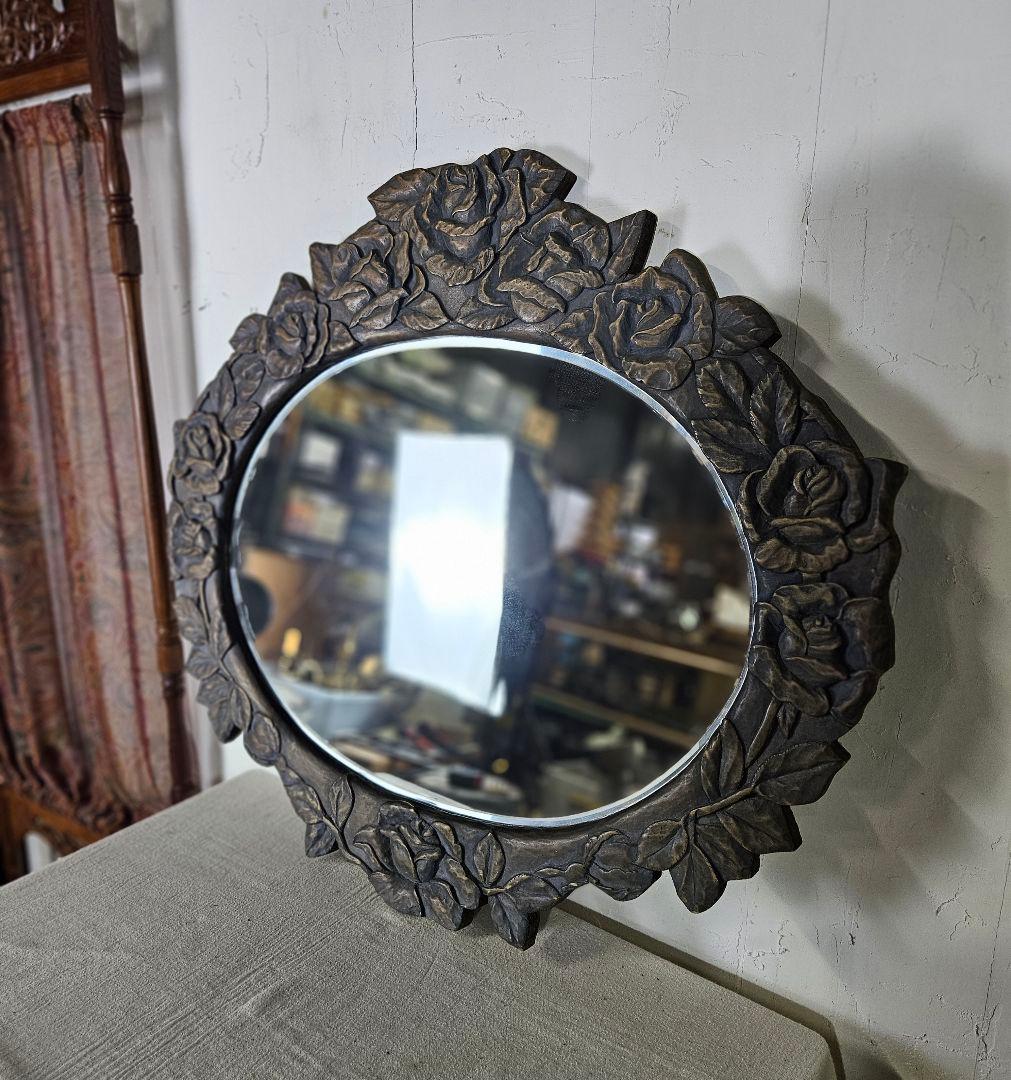 アンティーク 木彫り 薔薇のウォールミラー 壁掛け鏡 大型 花柄 オーバル型