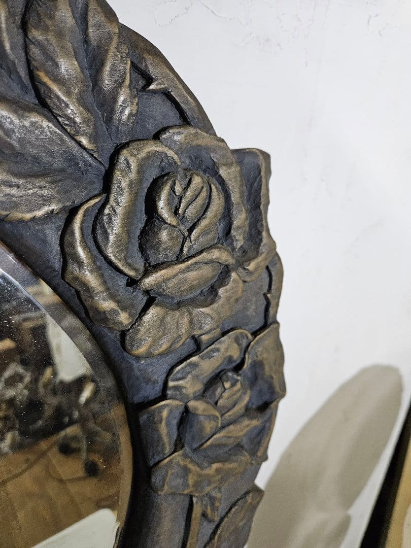 アンティーク 木彫り 薔薇のウォールミラー 壁掛け鏡 大型 花柄 オーバル型