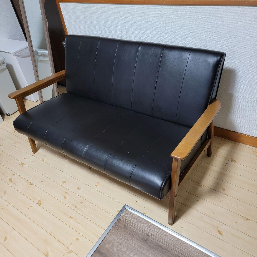 ソファー 幅128cm 二人掛け 2人用 レザー調 ひじ掛け 木製 合成皮革
