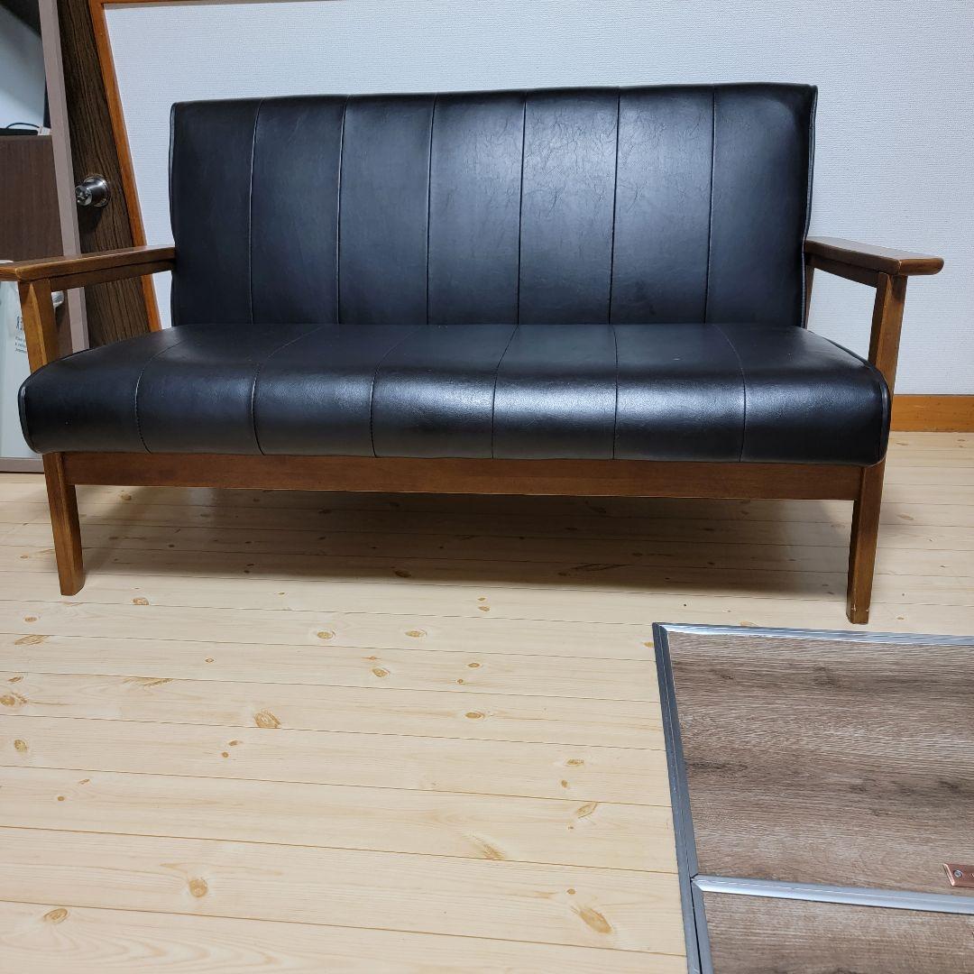 ソファー 幅128cm 二人掛け 2人用 レザー調 ひじ掛け 木製 合成皮革