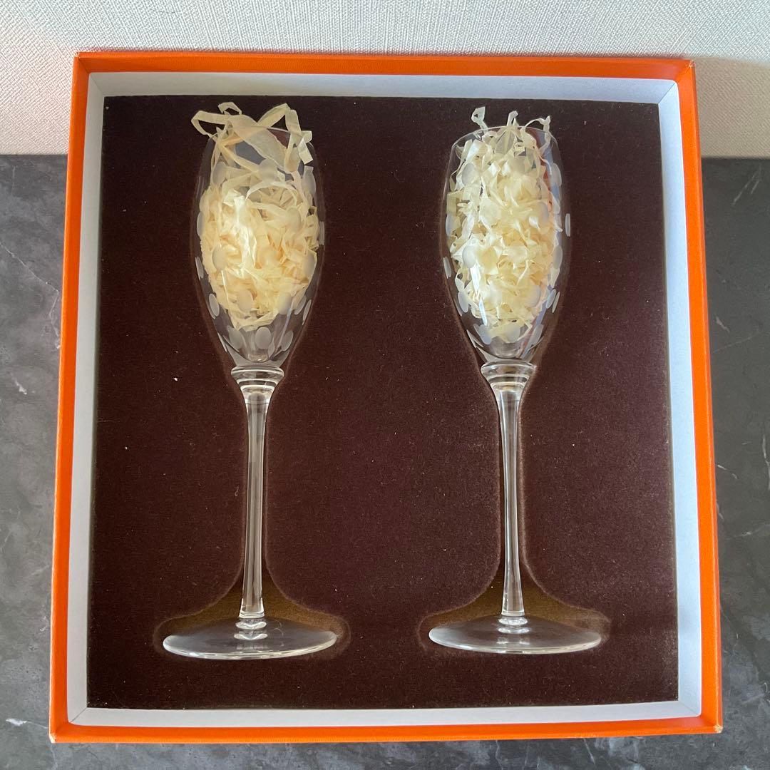 HERMES ドット柄 ガラスシャンパングラス 2個セット　ファンファーレ