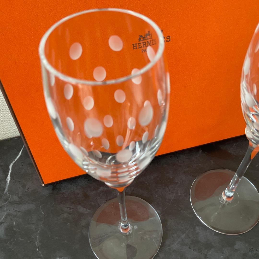 HERMES ドット柄 ガラスシャンパングラス 2個セット　ファンファーレ