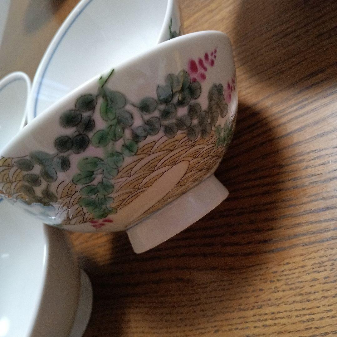 九谷焼　伝統的工芸士　宮本　晄　萩の花青海波柄　飯椀5個