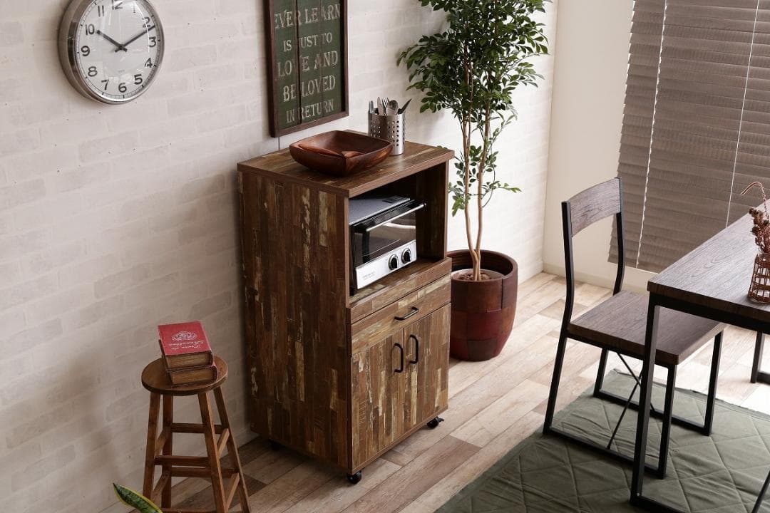 《新品・送料無料》Cave 寄木柄54cmレンジ台キャスター付き