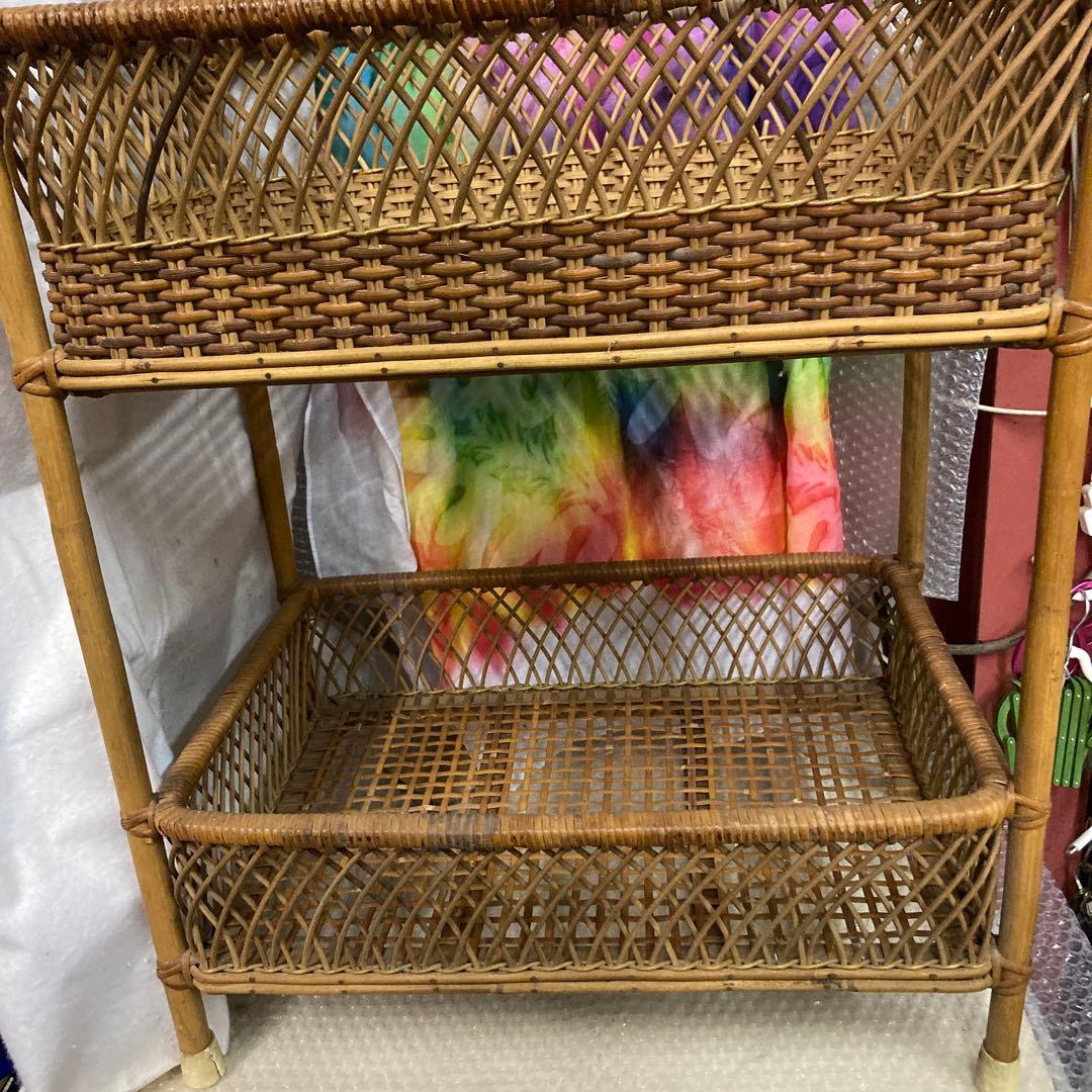 籐 ラタン 2段 ランドリーラック 脱衣かご 脱衣籠 古家具 レトロ家具