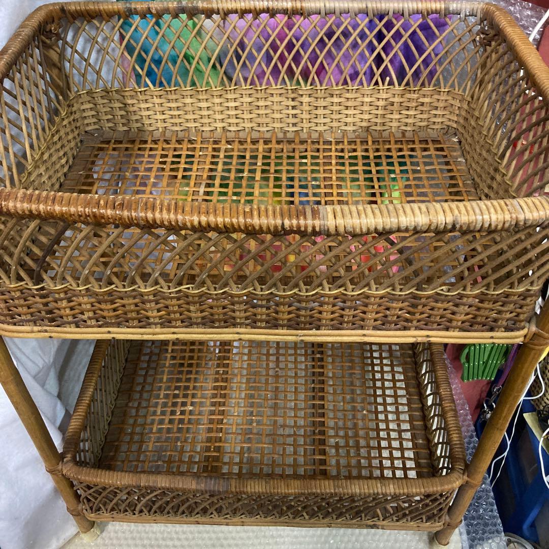 籐 ラタン 2段 ランドリーラック 脱衣かご 脱衣籠 古家具 レトロ家具