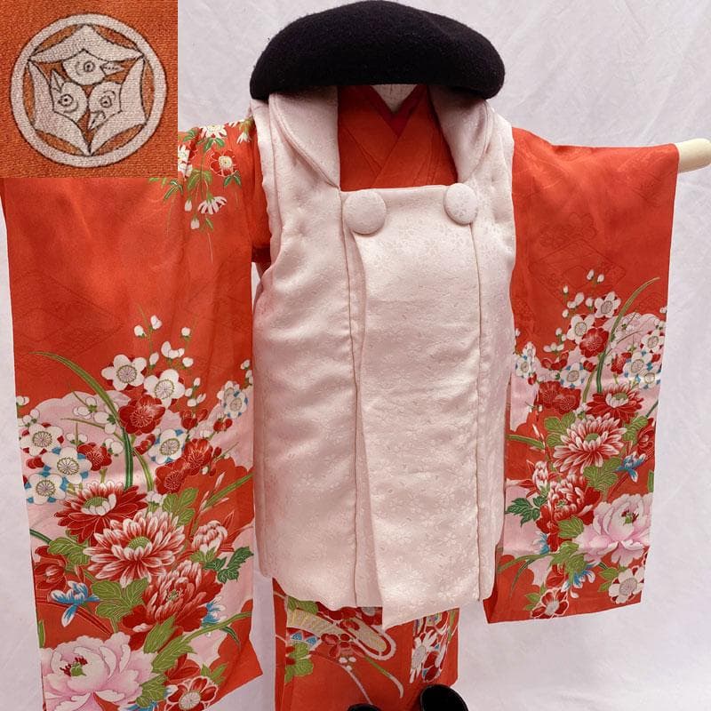 ◎509ag15◎七五三 三歳 女の子 アンティーク着物&被布 五つ紋 紅緋◎