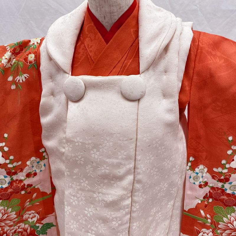 ◎509ag15◎七五三 三歳 女の子 アンティーク着物&被布 五つ紋 紅緋◎