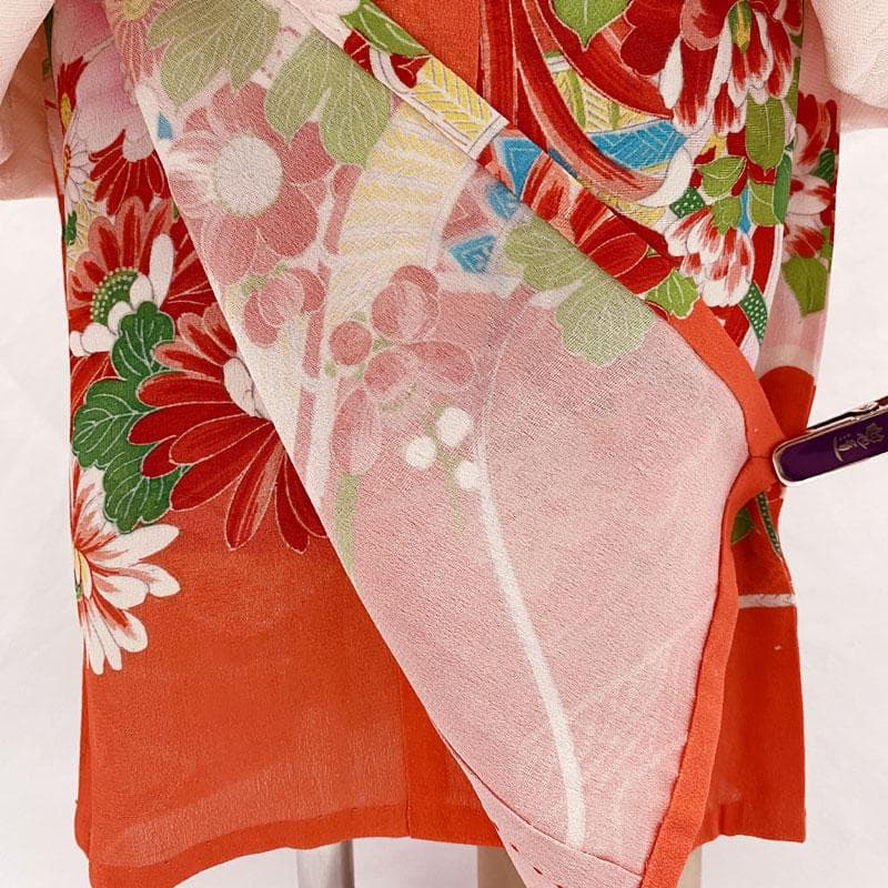 ◎509ag15◎七五三 三歳 女の子 アンティーク着物&被布 五つ紋 紅緋◎