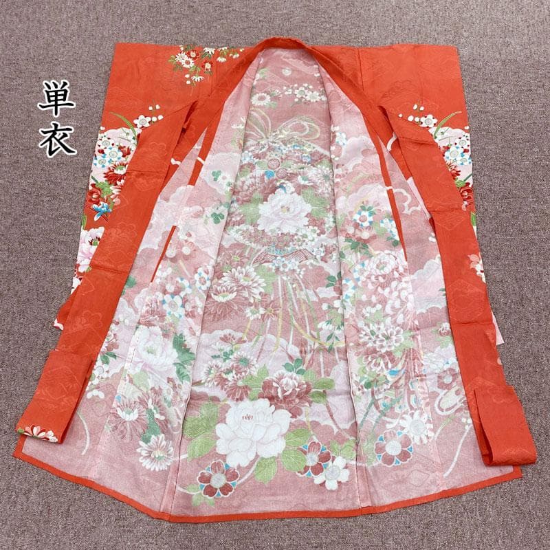 ◎509ag15◎七五三 三歳 女の子 アンティーク着物&被布 五つ紋 紅緋◎