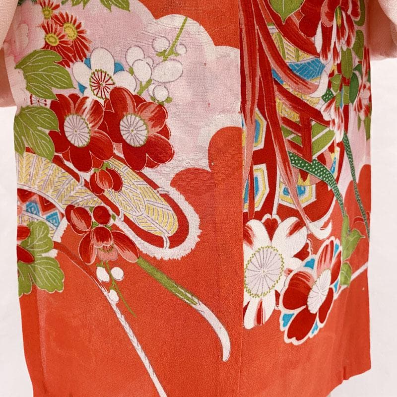 ◎509ag15◎七五三 三歳 女の子 アンティーク着物&被布 五つ紋 紅緋◎