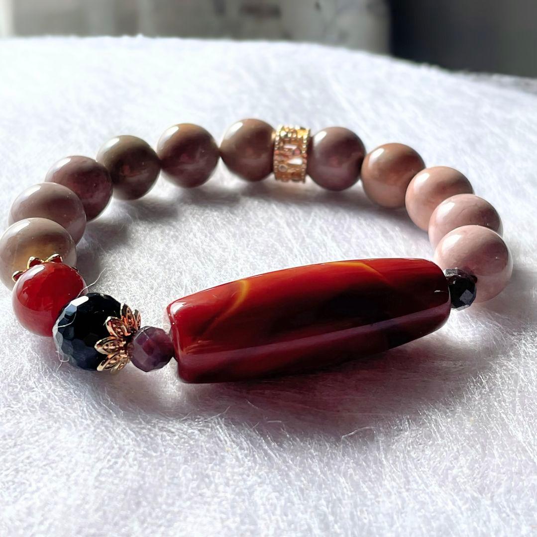 【戦国紅瑪瑙 線天珠】アラシャン瑪瑙 モリオン 龍紋 お守り ブレスレット