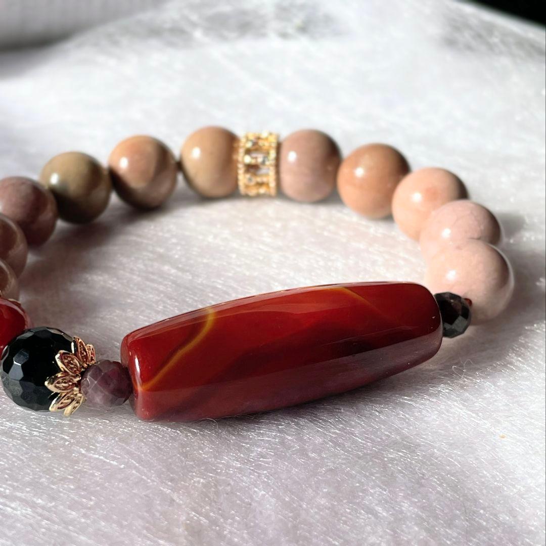 【戦国紅瑪瑙 線天珠】アラシャン瑪瑙 モリオン 龍紋 お守り ブレスレット