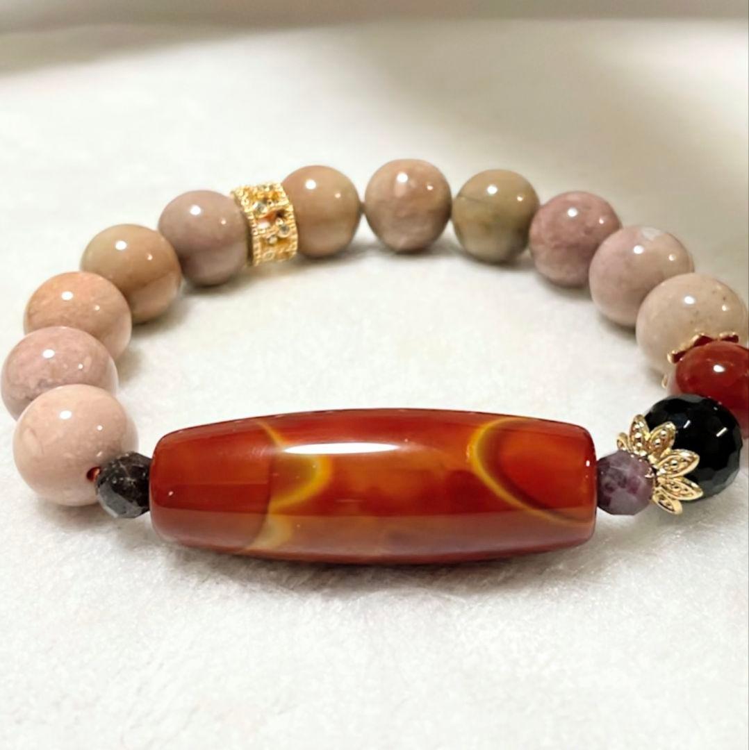 【戦国紅瑪瑙 線天珠】アラシャン瑪瑙 モリオン 龍紋 お守り ブレスレット