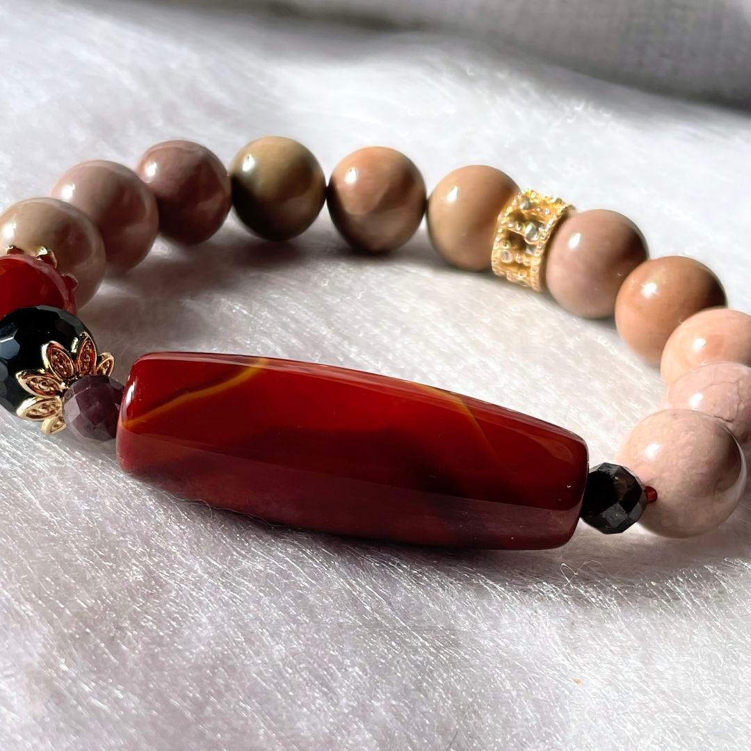 【戦国紅瑪瑙 線天珠】アラシャン瑪瑙 モリオン 龍紋 お守り ブレスレット
