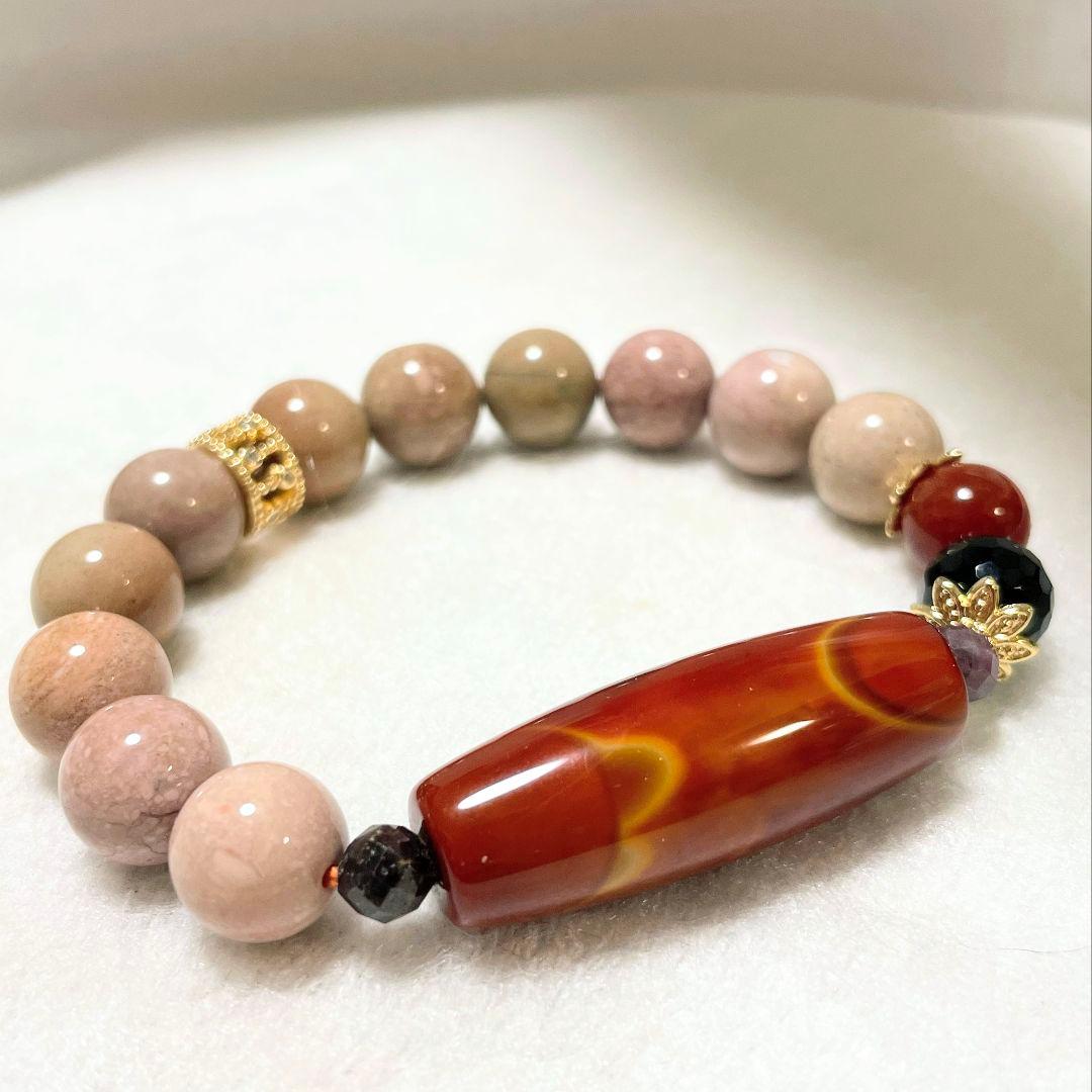 【戦国紅瑪瑙 線天珠】アラシャン瑪瑙 モリオン 龍紋 お守り ブレスレット