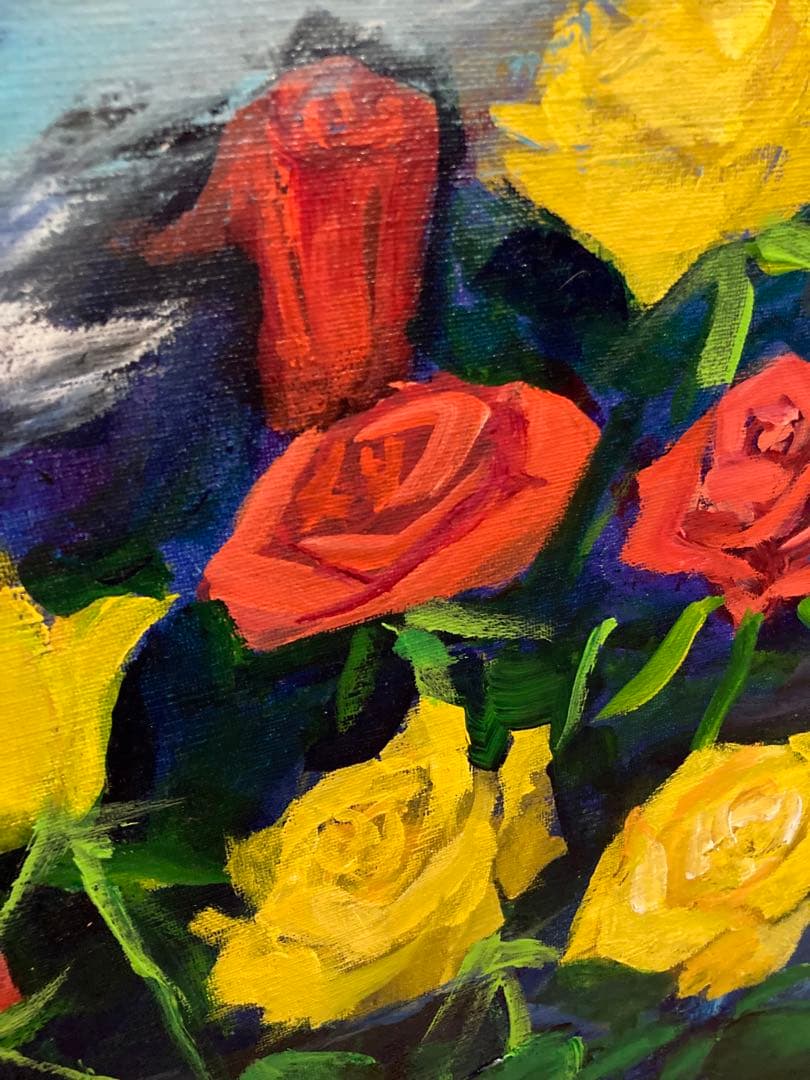 宇都山喜八郎　バラの肉質油彩画 やや傷や汚れあり