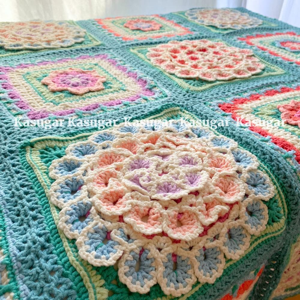 紫陽花Blu かぎ針編み グラニースクエア マルチカバー ひざかけ こたつ