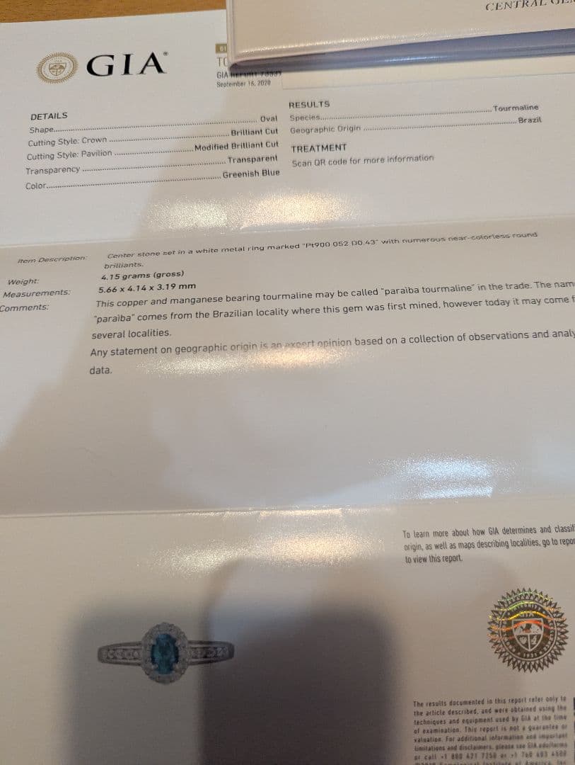 ブラジル産パライバトルマリン　0.52ct　PT900リング 鑑別書中宝とGIA