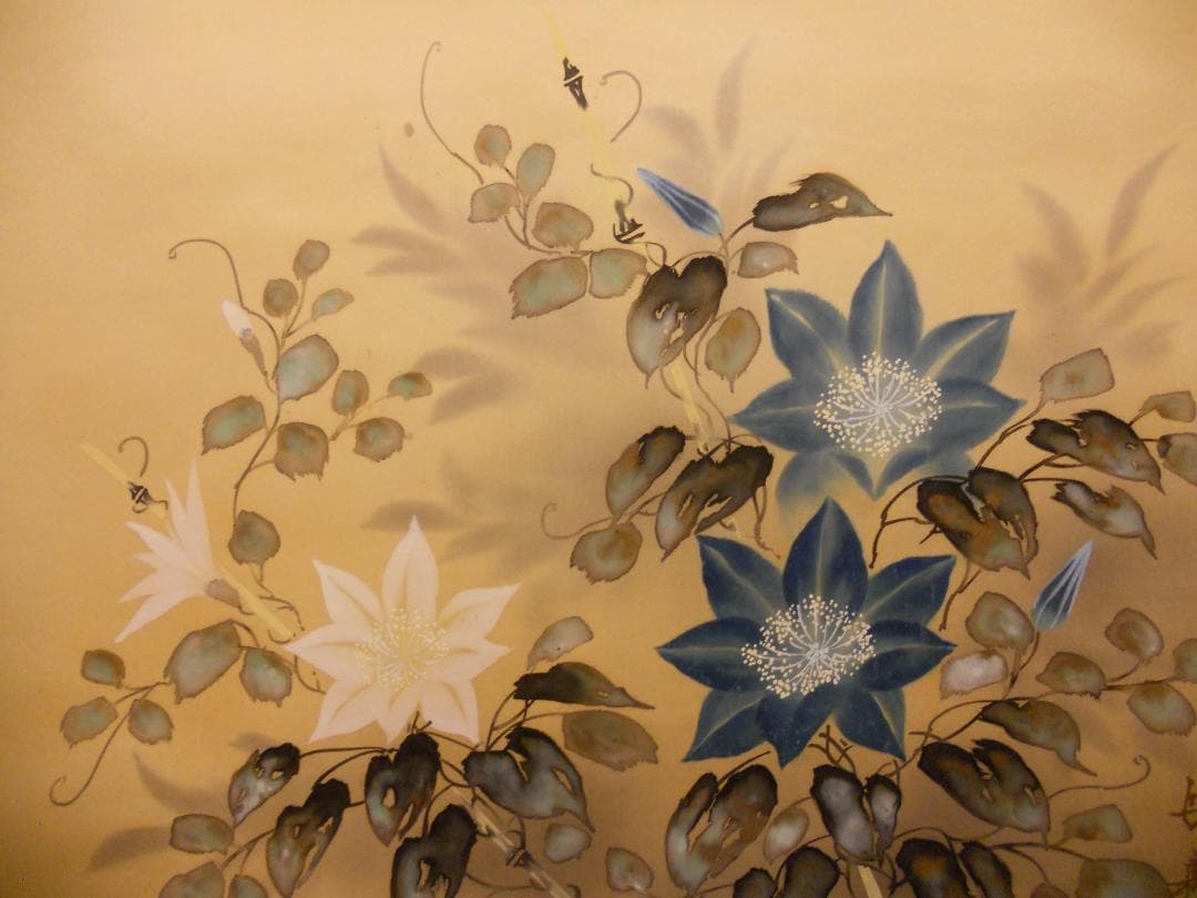 掛け軸 舟越長嘉 『 鉄線花 』 中島清堂 識箱 絹本 希少 茶道具 掛軸 美品