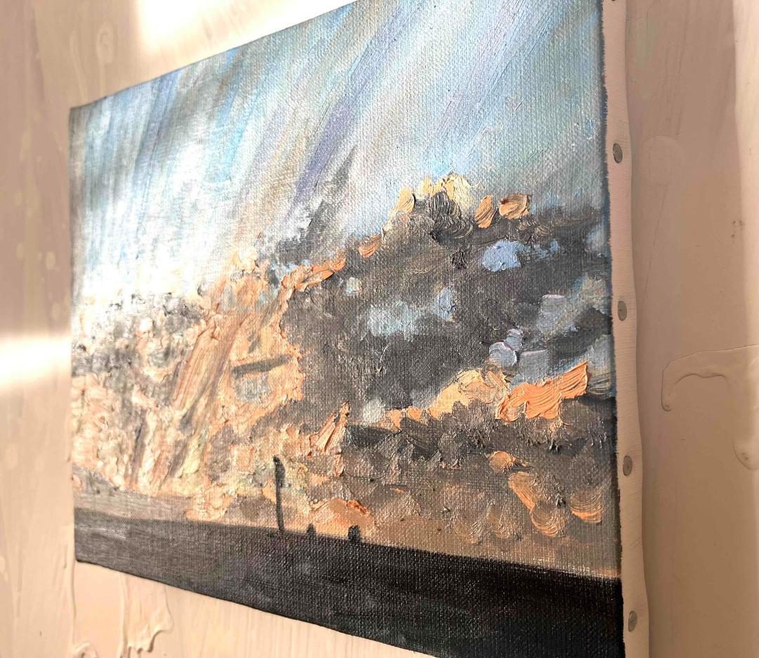 油彩画 原画「近所の風景 高速と空2」 絵画 22×27㎝ F3 キャンバス