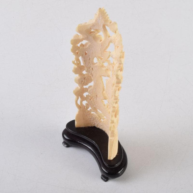 中国　獣骨製　雲龍透かし彫　硯屏　置物　唐木台付　N　9110