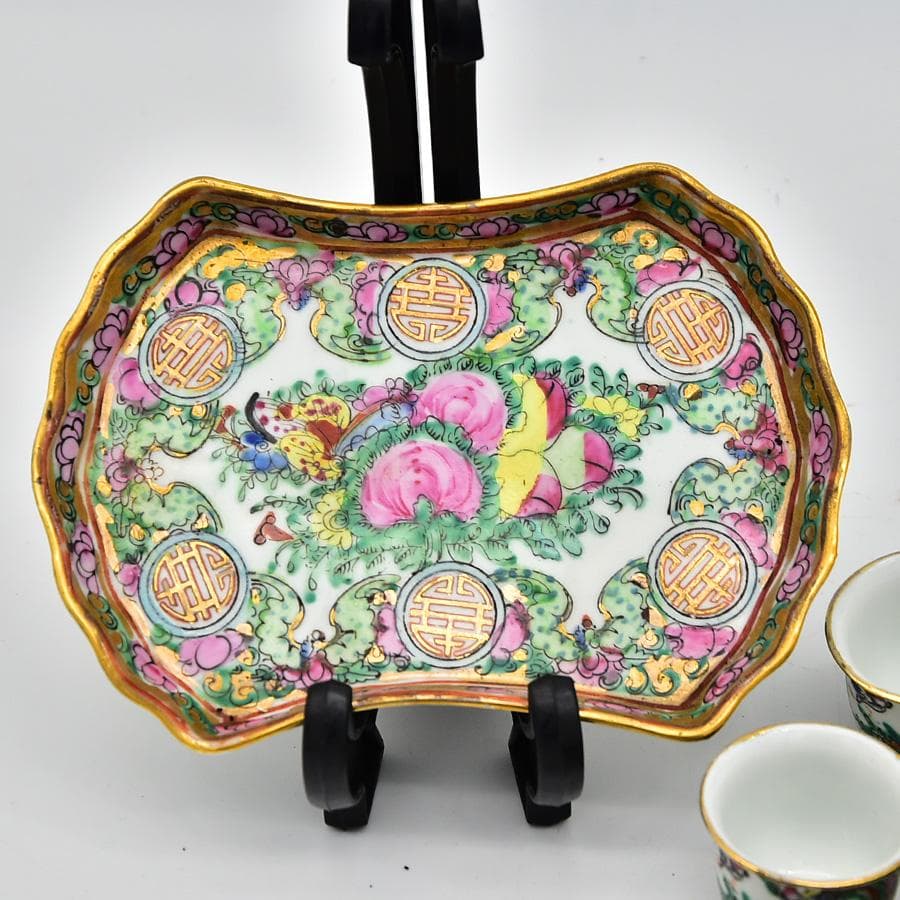 中国美術 乾隆年製 煎茶器揃 急須 煎茶盆 煎茶碗 12客 色絵粉彩花草桃図