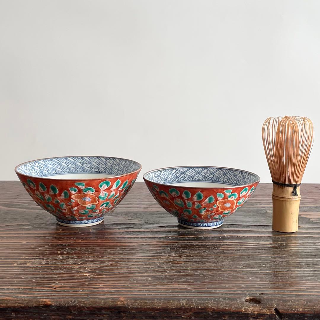 未使用 清水焼 山本壹楽 赤濃牡丹唐草 組飯碗 飯茶碗 壹楽窯 平安壹楽 京焼