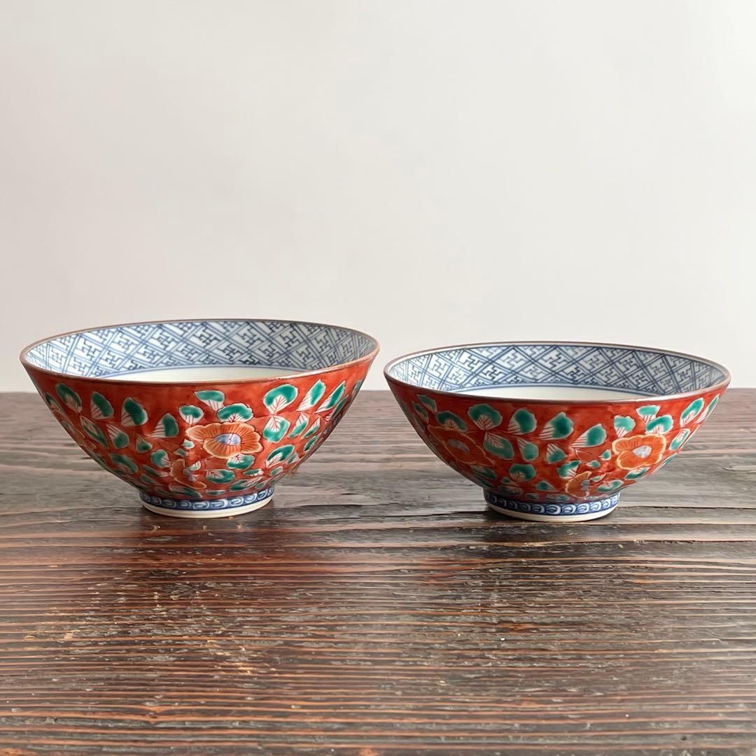 未使用 清水焼 山本壹楽 赤濃牡丹唐草 組飯碗 飯茶碗 壹楽窯 平安壹楽 京焼