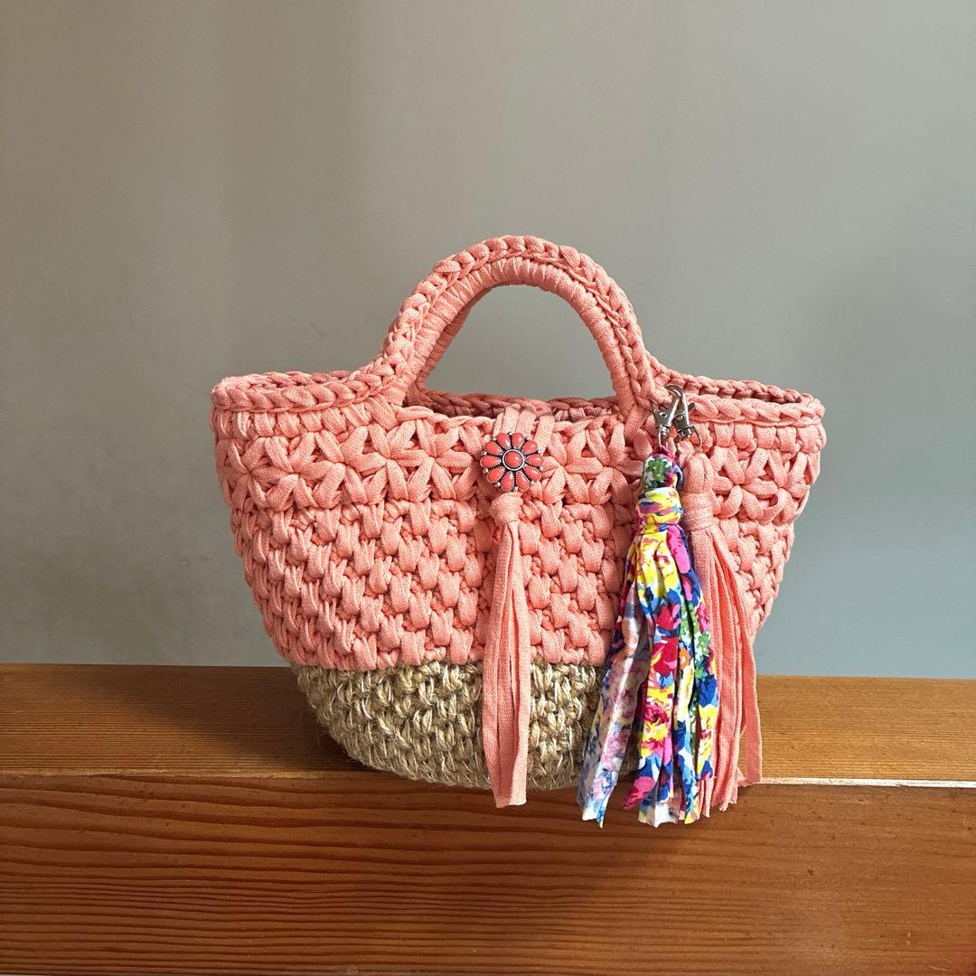 麻紐×ピーチribbonxl ズパゲッティ マルシェバッグ ピンク オレンジ